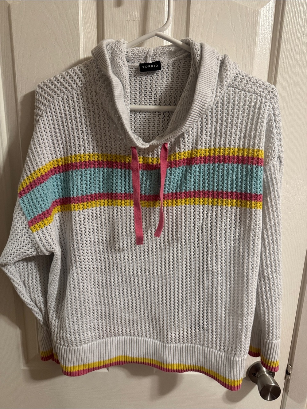 torrid White Open-Knit Hoodie with Pastel Stripe Accents